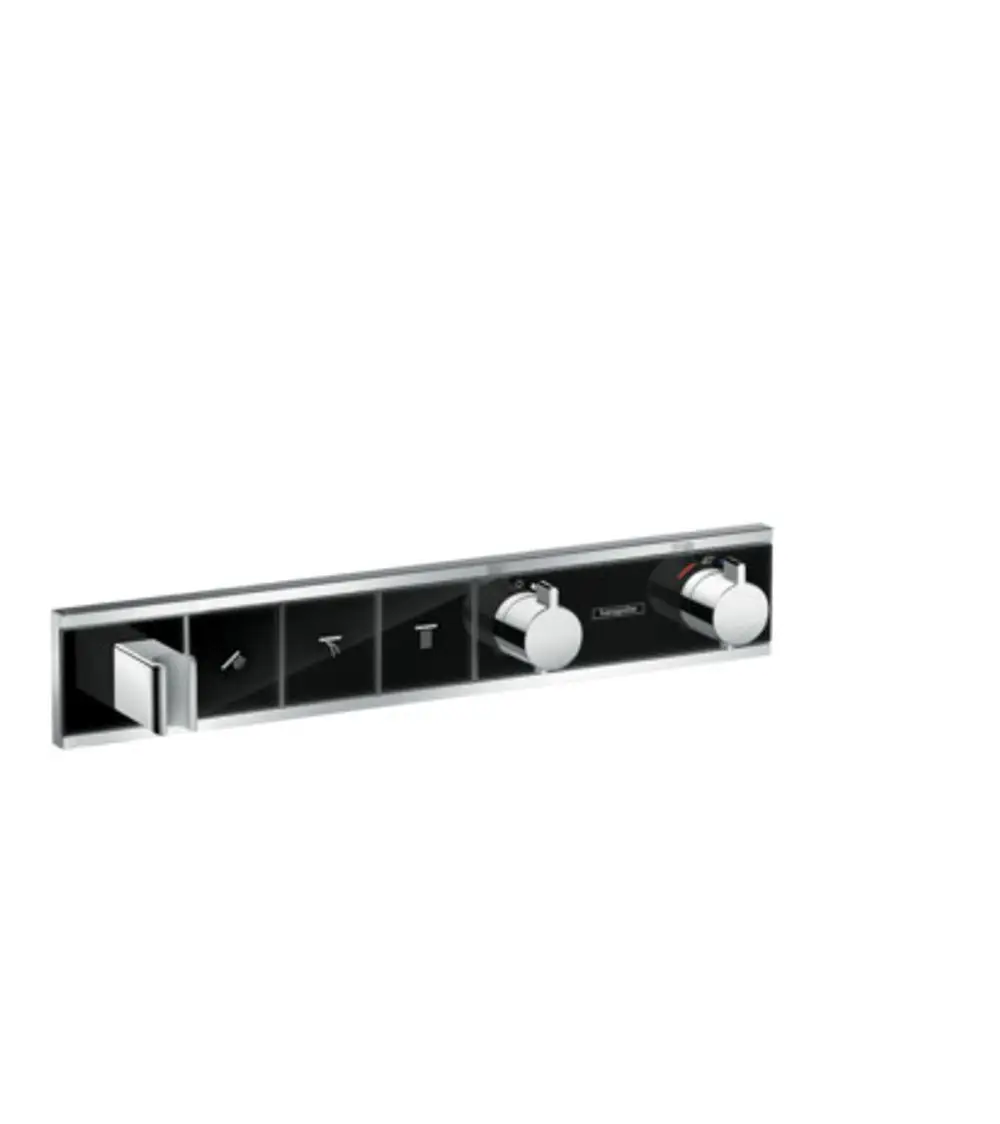 Hansgrohe Thermostat für die Unterputzinstallation mit drei Verbrauchern, ausgestattet mit einem integrierten Brausehalter in Schwarz und Chrom.